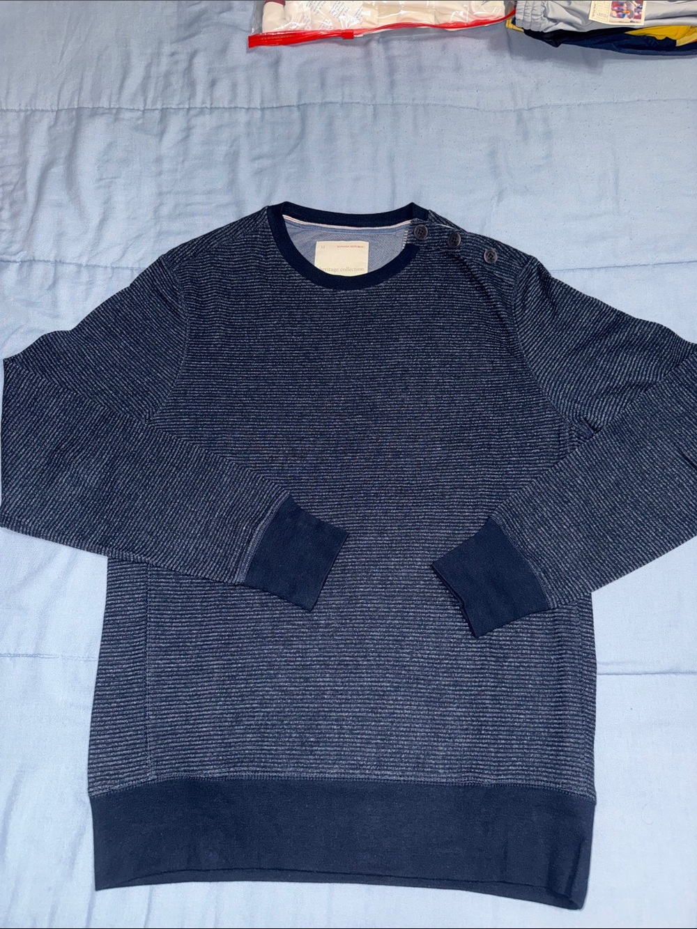 Men's Navy Striped Crewneck Sweater with Shoulder Buttons